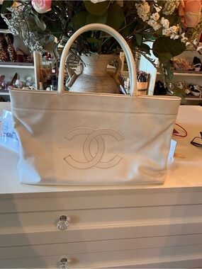 CHANEL Cream Leather Large Tote with Stitched CC Logo, Karl Lagerfield